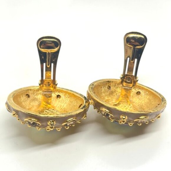 VINTAGE BLANCA AURORA BOREALIS RIVOLI ENAMEL GOLD TONE CLIP EARRINGS SIGNED - Picture 13 of 16